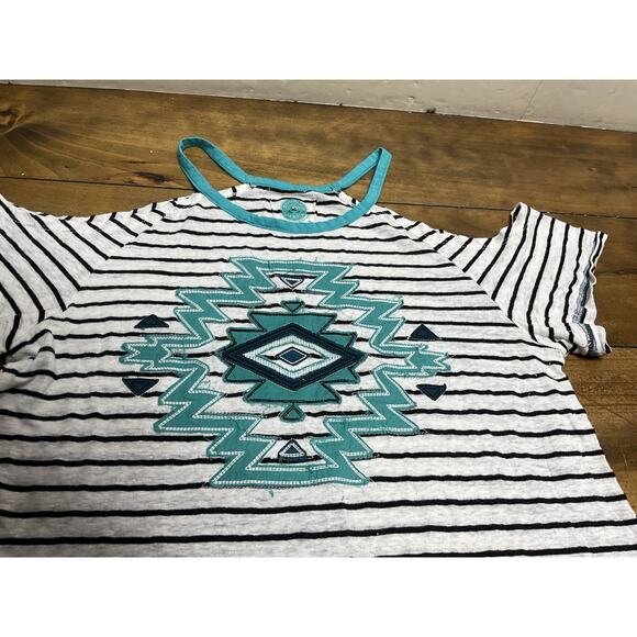 Double D Ranch Womens Open Shoulder Linen Blend Striped Aztec Top Size Medium - Picture 2 of 10